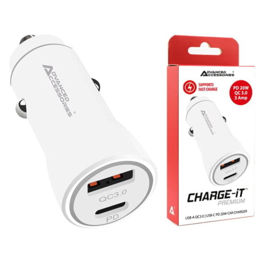 Advanced Accessories CHARGE-iT Premium 38W USB-A (QC 18W) USB-C (PD 20W) Dual Car Charger - White