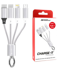 Advanced Accessories CHARGE-iT Premium 3in1 Cable (0.1M) USB-C To 8 Pin/USB-C/Micro USB - Silver