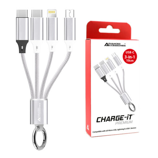 Advanced Accessories CHARGE-iT Premium 3in1 Cable (0.1M) USB-C To 8 Pin/USB-C/Micro USB - Silver
