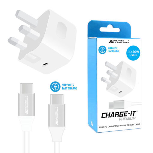 Advanced Accessories Charge-iT - 20W 3A PD Mains Charger 1M USB-C to USB-C Fast Charging Bundle