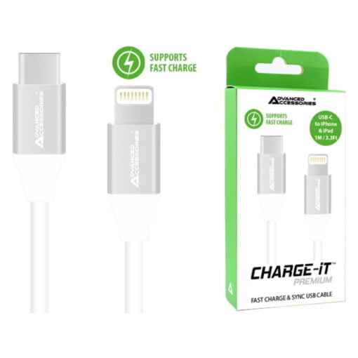 Advanced Accessories CHARGE-IT Premium USB-C to iPhone & iPad Cable Supports Fast Charge (Up to 60W) - 1 Metre - White