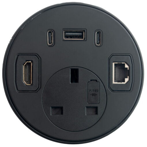 Office Desk Grommet Power Smart USB A+C Chargers HDMI RJ45 (Black)